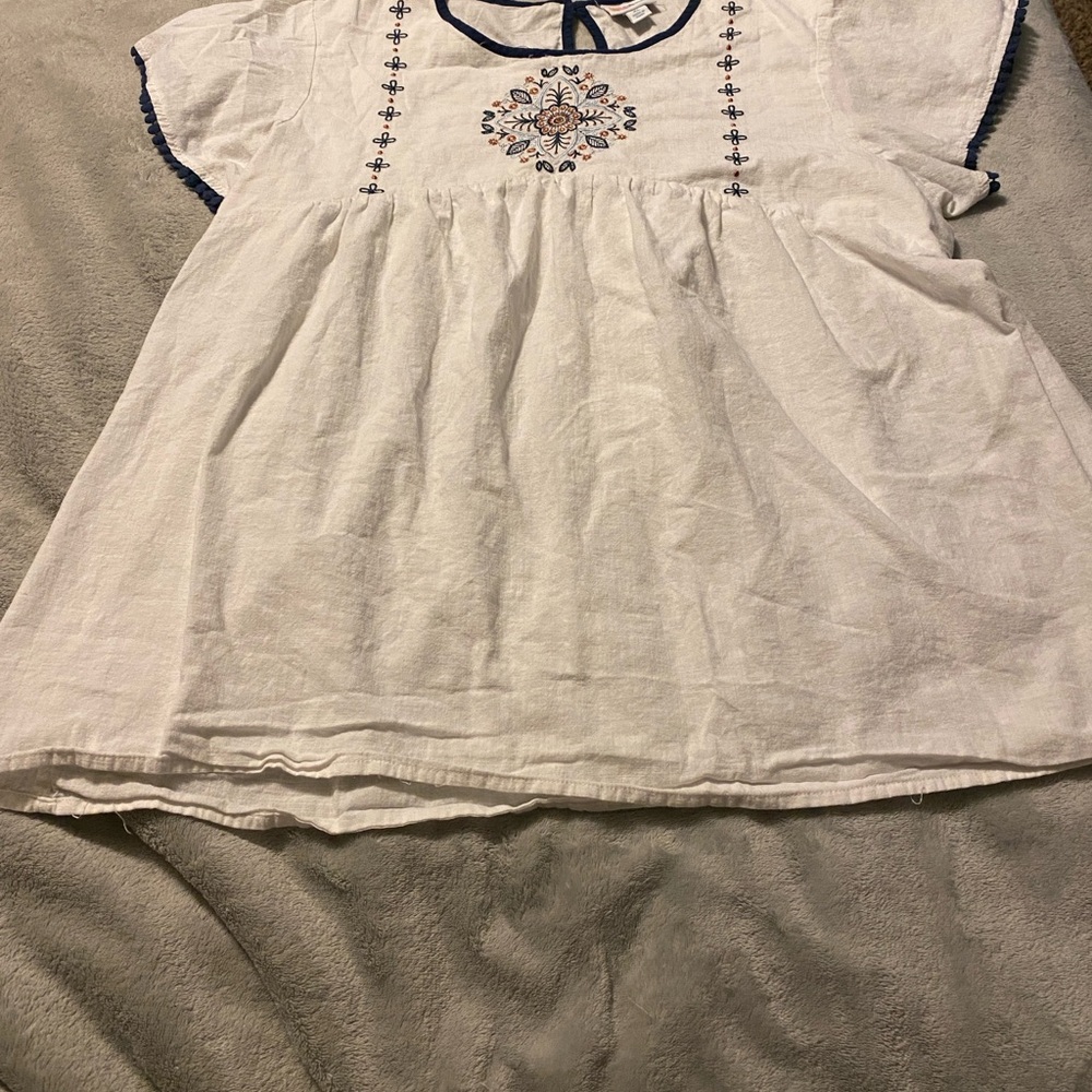 Lularoe White Embroidered Blouse with Navy Accents